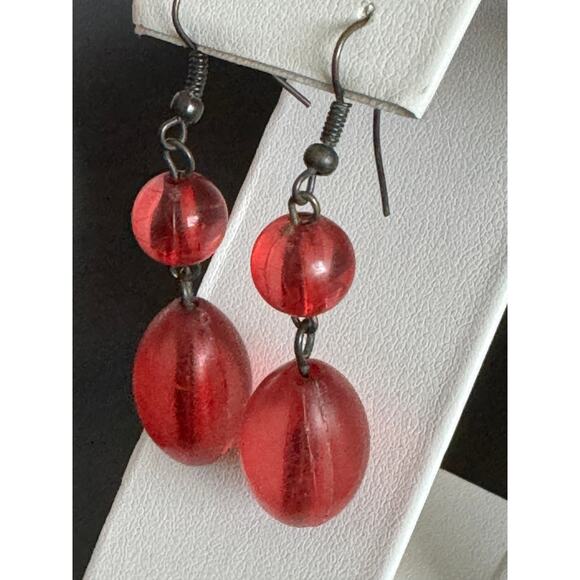 Red Acrylic Metal Stone Earrings Set of 3 Fish Hook Stud Post - Picture 7 of 10